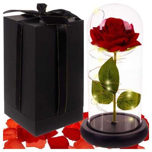 Trandafir LED criogenat in cupola de sticla, baza din lemn, 22x11.5 cm