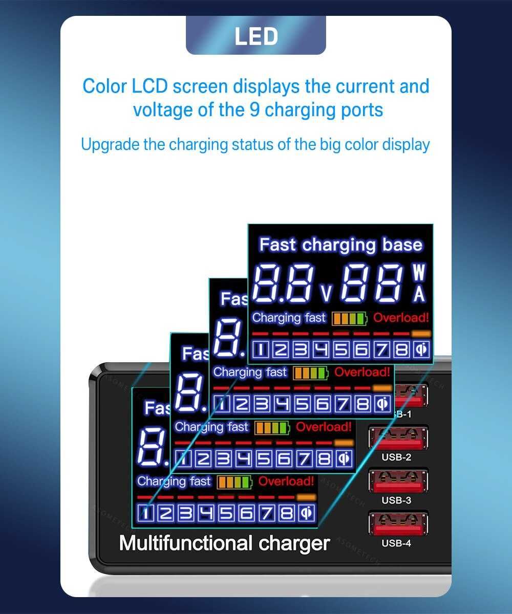 USB станция за зареждане на телефон 9 порта,Бързо зареждане 100W