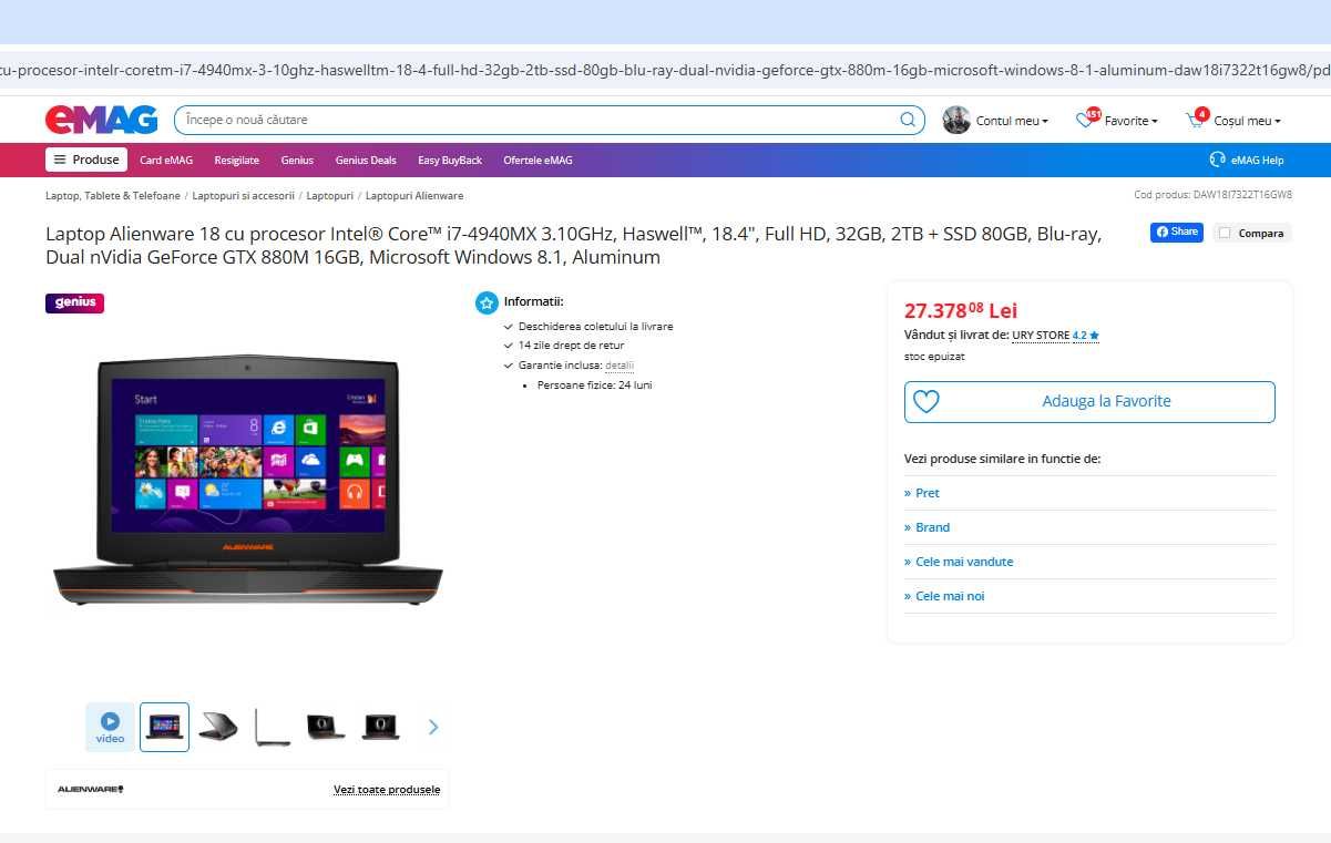 laptop gaming ALIENWARE ,intel core i7, ecran mare de 18,4", ram 32 gb