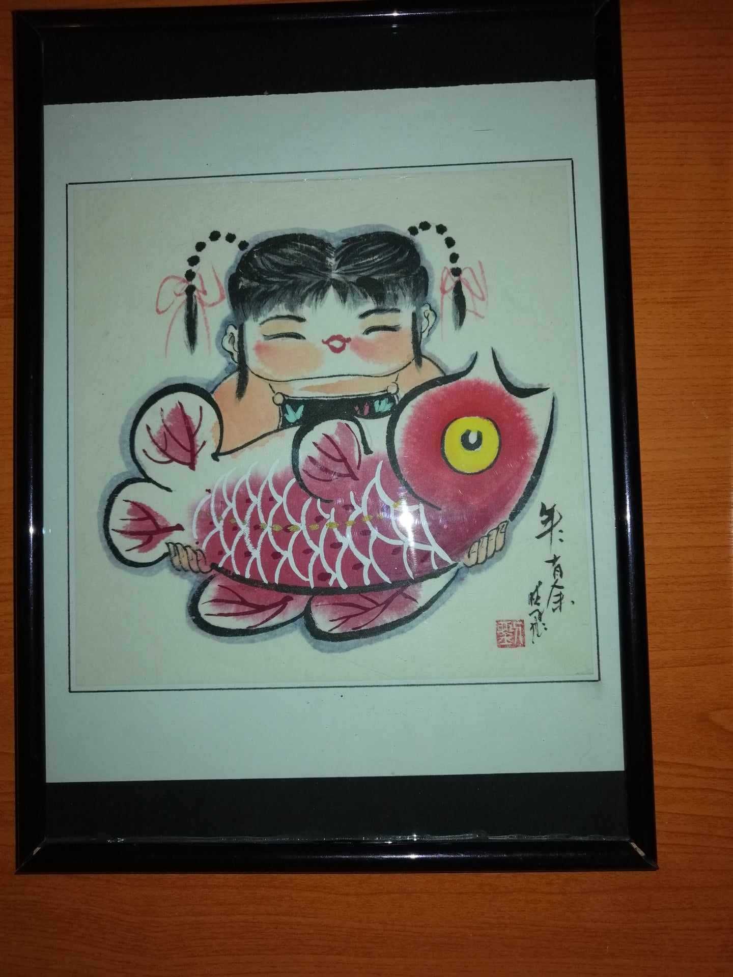 Pereche tablou pictura chineza ilustratie printata fata baiat peste