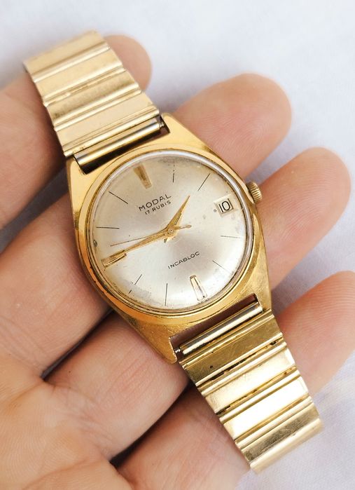 Ceas bărbătesc Modal mecanic, 17 Rubine, din anii 1960, inox, cu dată.
