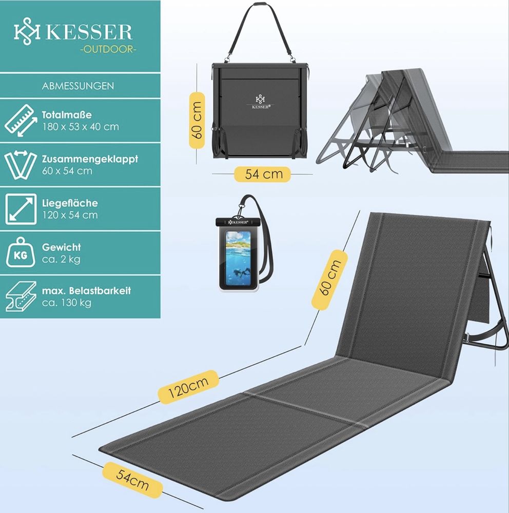 KESSER® Сгъваема плажна постелка с регулируема облегалка