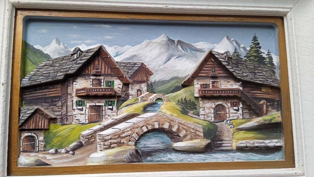 Tablou din lemn in relief 3D pictat/exacutat manual, peisaj din Alpi