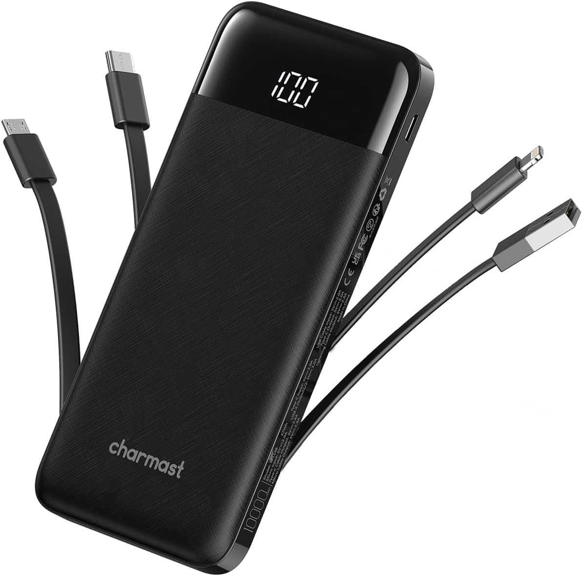 Charmast Power Bank с вградени кабели 2 броя, 10000mAh USB C батерия