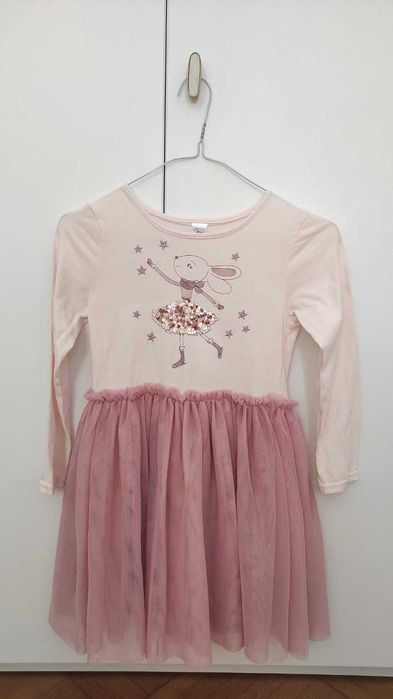 Rochie fete cu baza tulle si imprimeu iepuras paiete, 128 cm