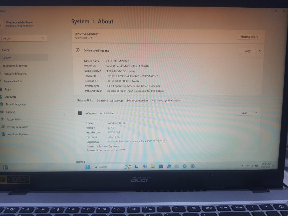 Notebook acer 3 intel core i3 4gb ram