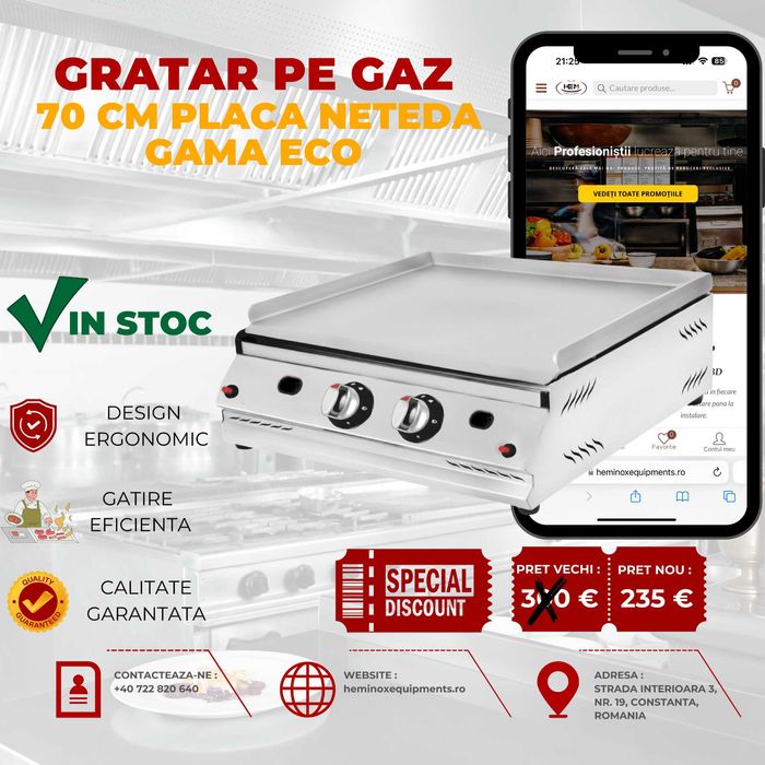 Gratar/Plita Inox Gaz 30 Cm,50 Cm,70 Cm,100 Cm DREPT,STRIAT,MIX