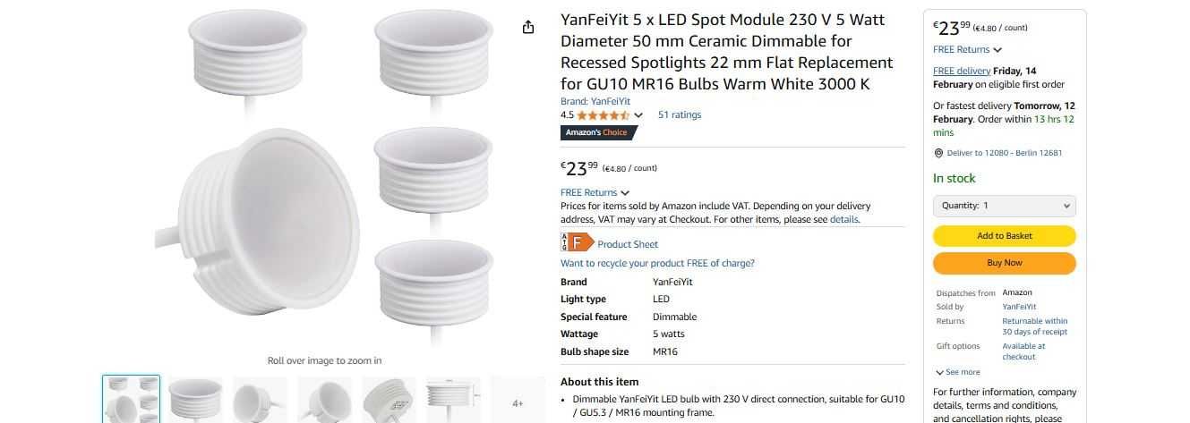 НОВИ! LED лунички за вграждане 5W, Димируеми, 5 бр/к-кт