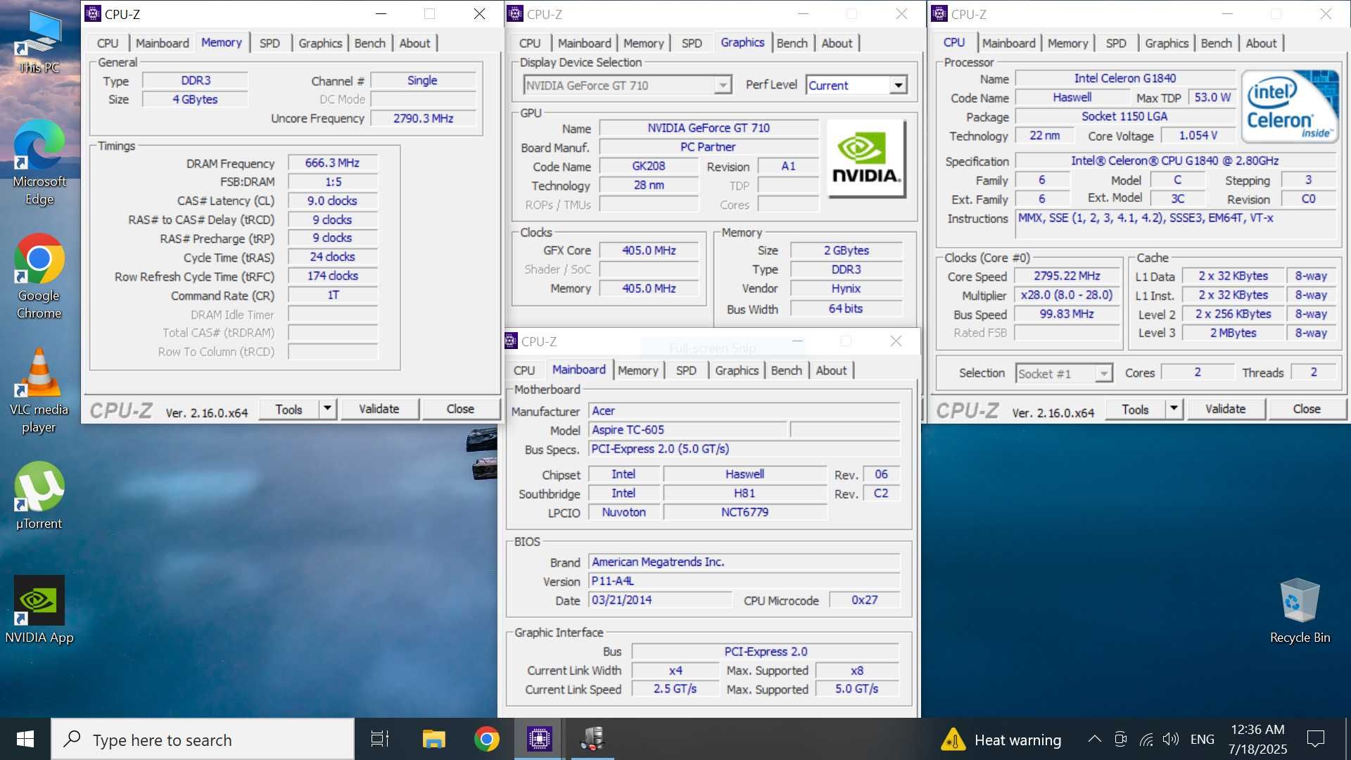Настолен компютър Acer Aspire TC-605/Celeron G1840/GT 710/4GB RAM DDR3