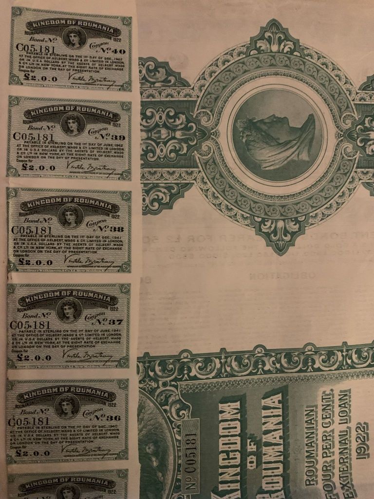 titlu stat £100  aur 1922 Romania bond lire sterline  neincasat