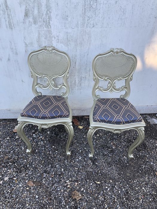 Pereche scaune vintage reconditionate gold aurii violet