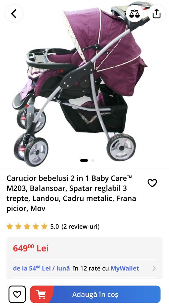 Carucior bebe 2 in 1 Baby Care, Spatar 3 trepte, Landou