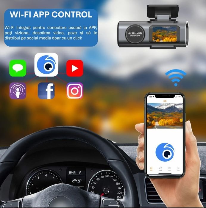 Camera de bord auto față/spate Dashcam Ultra 4K Wifi GPS