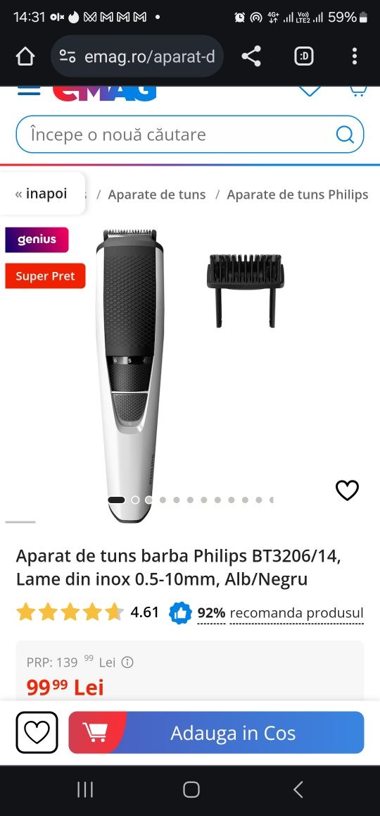 Aparat de tuns barba Philips BT3206/14, Lame din inox 0.5-10mm, Alb/Ne