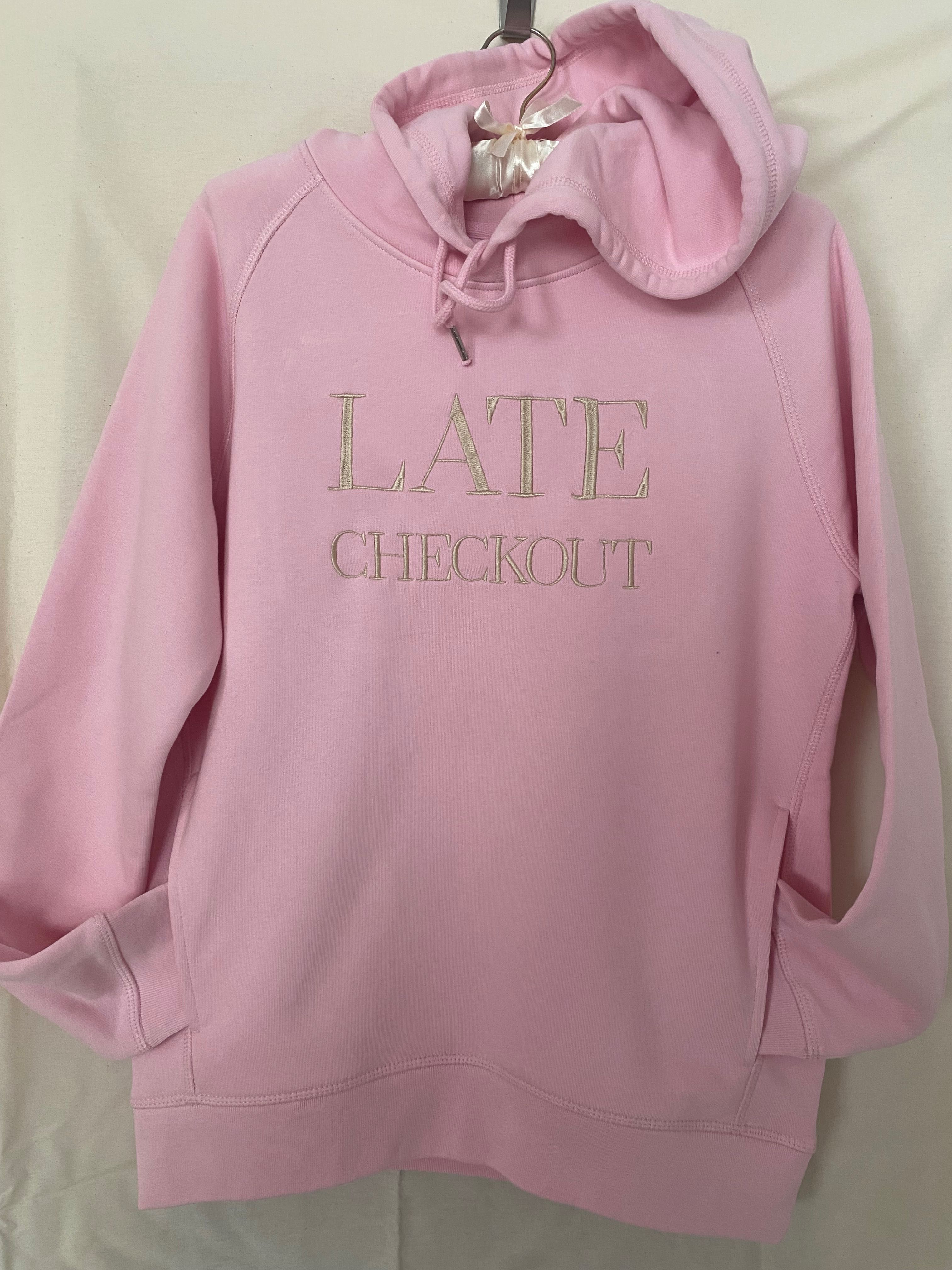 Бродиран суитшърт, бледо розов, ‘Late Checkout’, S размер