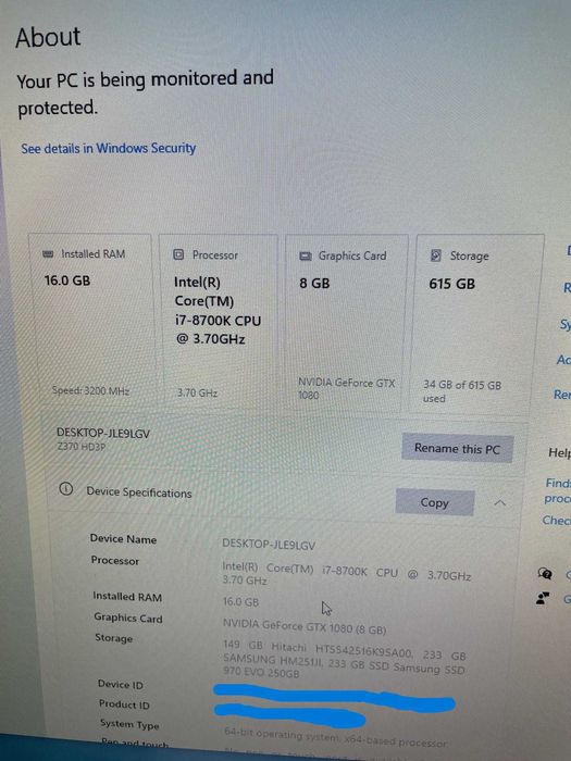 Desktop msi 1080 GTX Corsair 16GB RAM 3200MHz 650W 250GB SSD i7 8700K