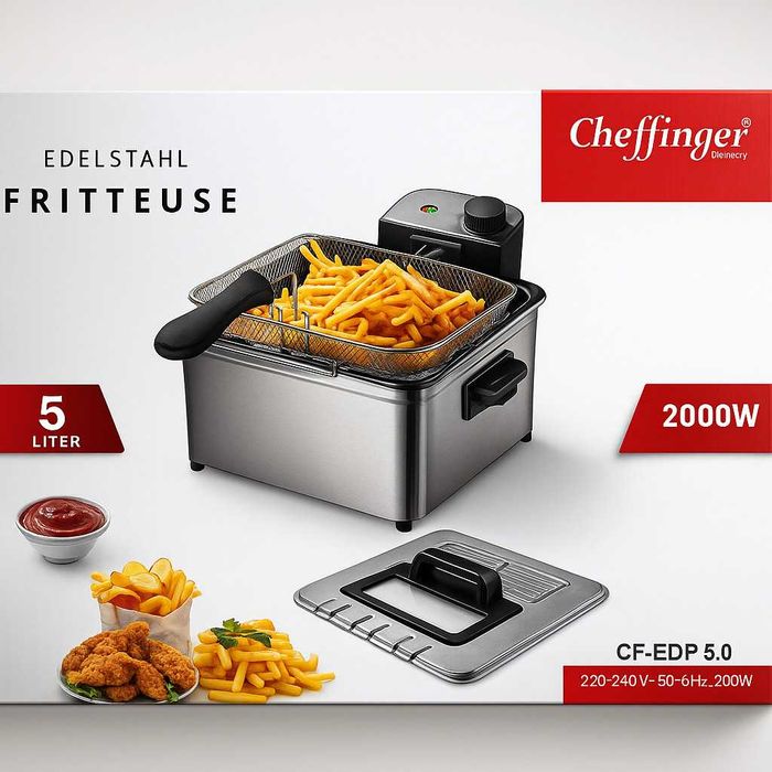 Фритюрник Cheffinger CF-EDP5.0 –5L,2000W,неръждаема стомана,3 кошници