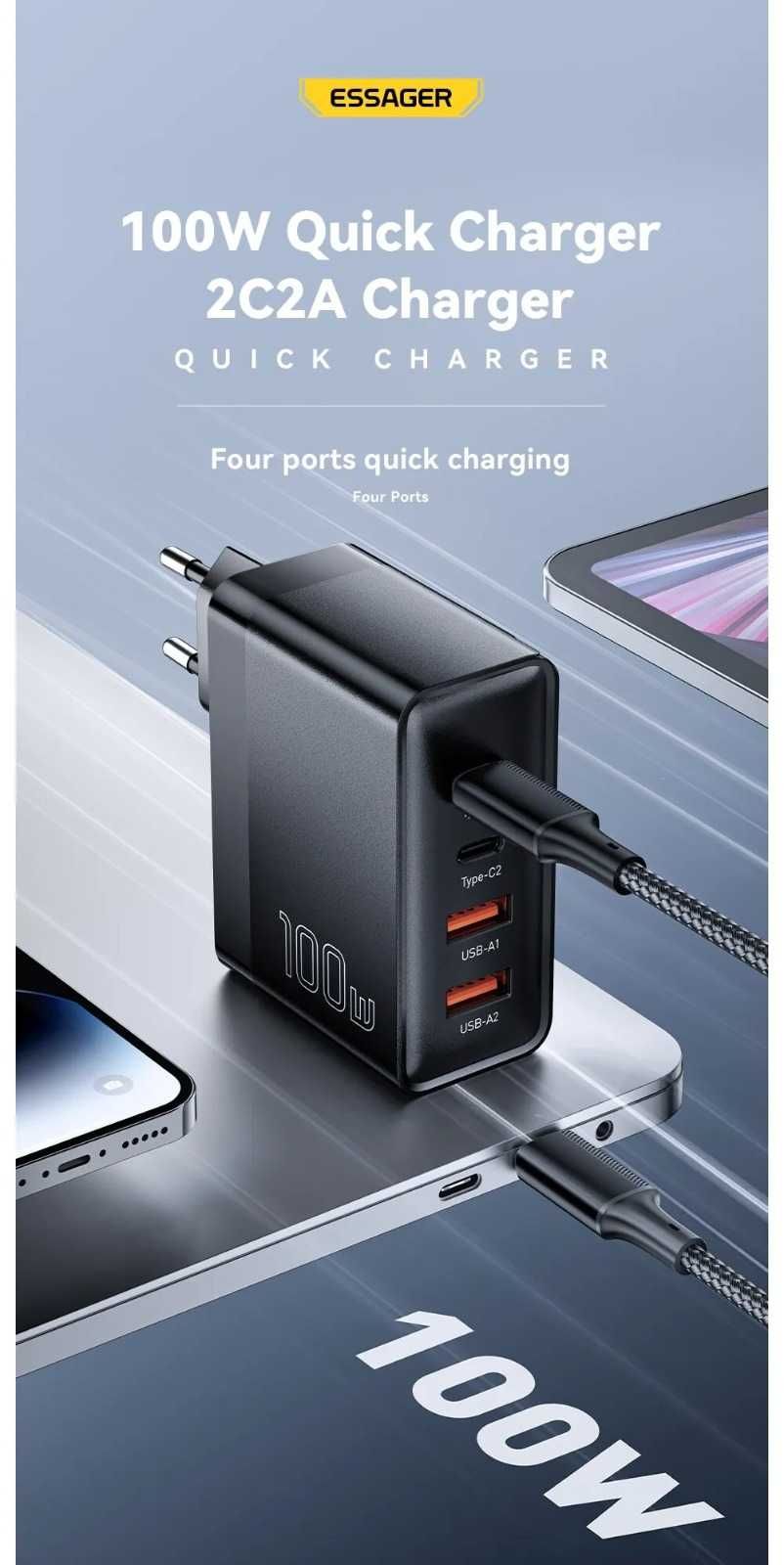 Charger Essager 100W GaN USB Type C PD QC Quick Charge 4.0 alimentator