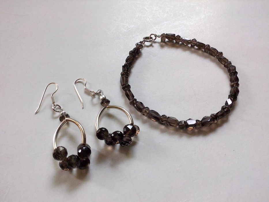 set argint si pietre semipretioase,quartz fumo,bratara si cercei