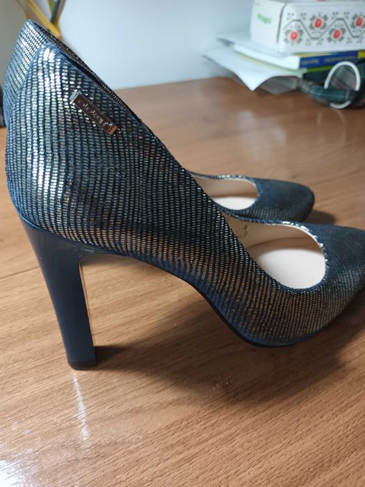 Pantofi stiletto argintiu-albastru, piele naturală,  36