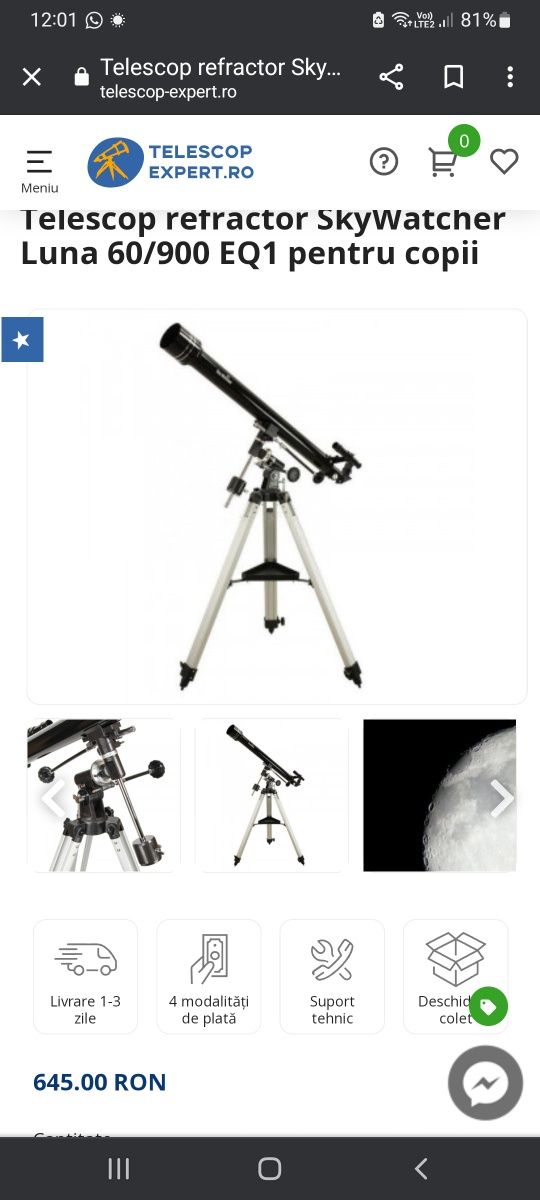 Telescop refractor skywatcher luna 60/900 EQ1