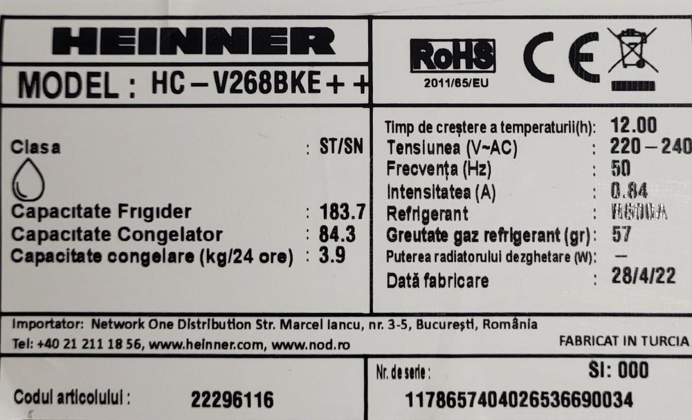 Combina frigorifica Heinner HC-V268BKE++