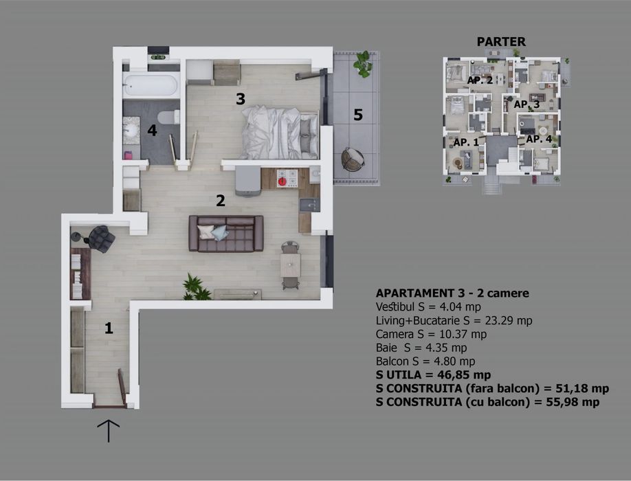Apartament 2 camere de vanzare Otopeni, langa Complex Natatie