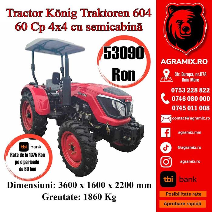 Tractor nou fara cabina cu acoperis Konig nou 60 Cp Agramix