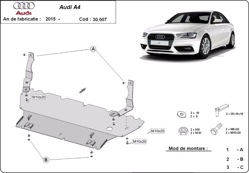 Scut motor metalic pentru Audi A4 1994-prezent - otel 2mm