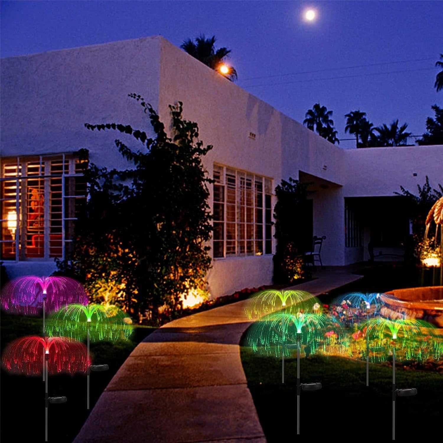 2 броя Соларна LED лампа цветен фонтан от оптични влакна за градина
