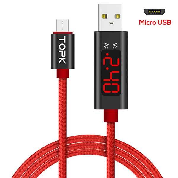 Новый Кабель Topk microUSB 1m 2.4A с дисплеем (напряжение, сила тока)