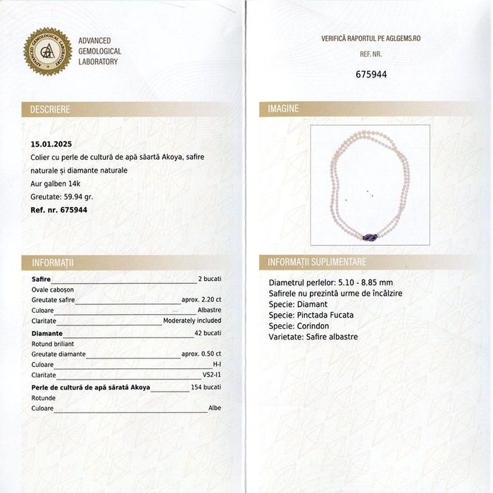(PROMOTIE) colier perle Akoya, aur 14k, safire, diamante, certif.