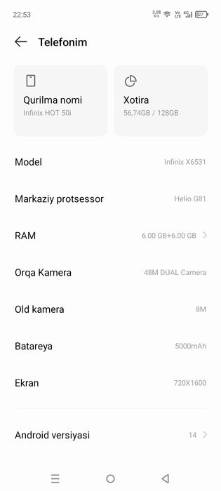 Infinix Hot 50i 12/128 xotira