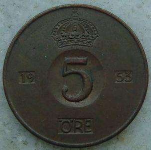 Moneda Suedia 5 ORE 1953 veche.