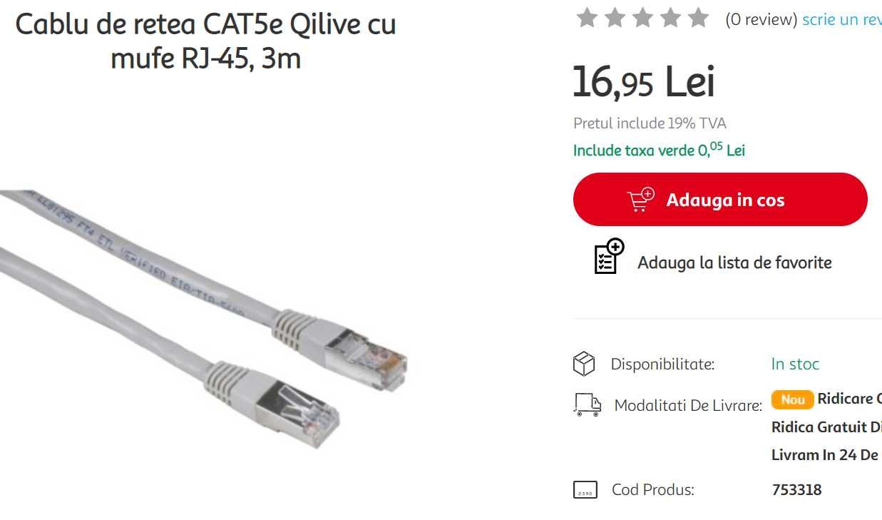 Cablu de retea nou-sigilat CAT5E Qilive. Pret Auchan: 17ron