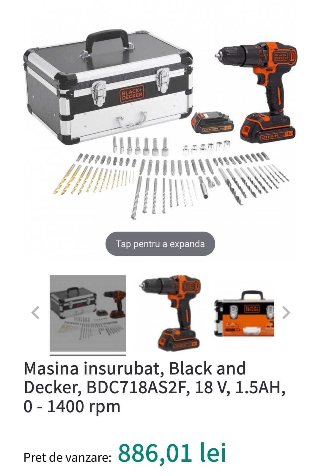 Autofiletanta bormasina Black Decker, cutie metalica, cu baterii