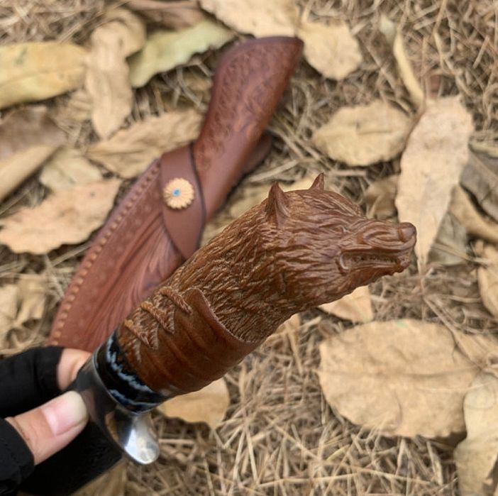 Японски ловен нож MYATO WOOLF DAMASK с кожена кания,LN429