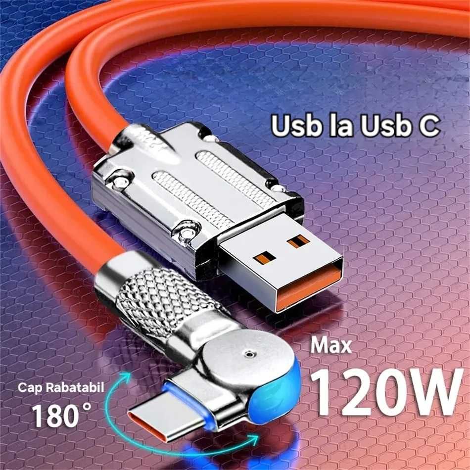 Cablu 120w. Rabatabil 180°. USB C, 2m. Imposibil de rupt. Lightning.