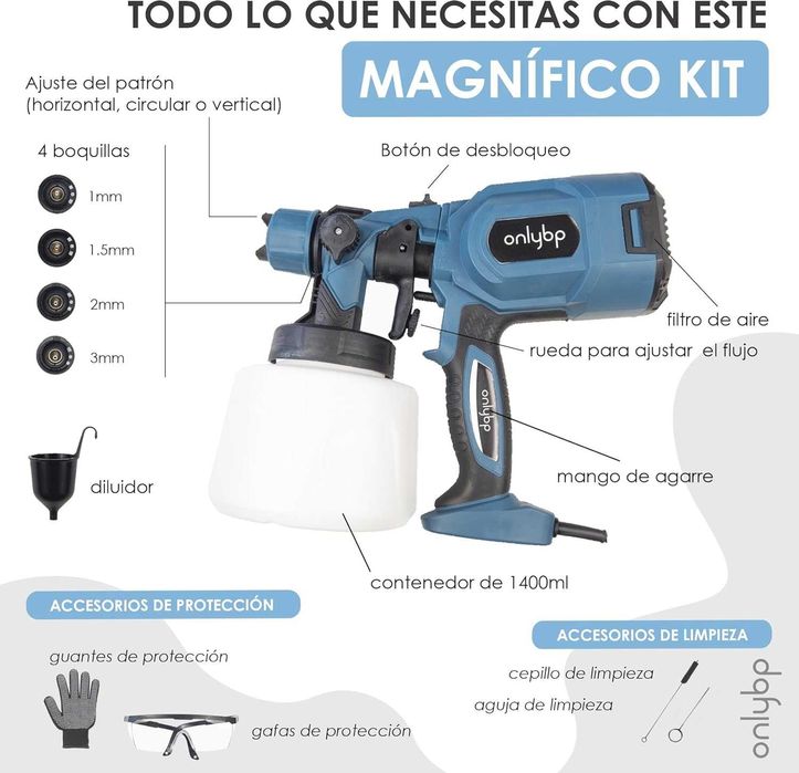 OnlyBP 700W мощен пистолет за боядисване с 1400 мл резервоар