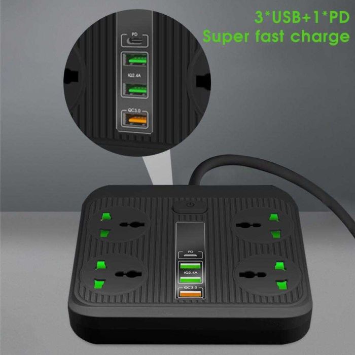 Prelungitor 40W 16A cu 4 prize si 3 x USB + USB-C QC3.0 fast charge 2m