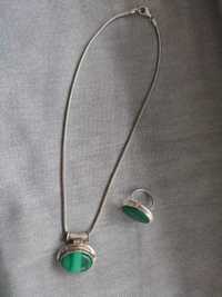 Кулон с цепочкой и кольцом, серебро 925, малахит.