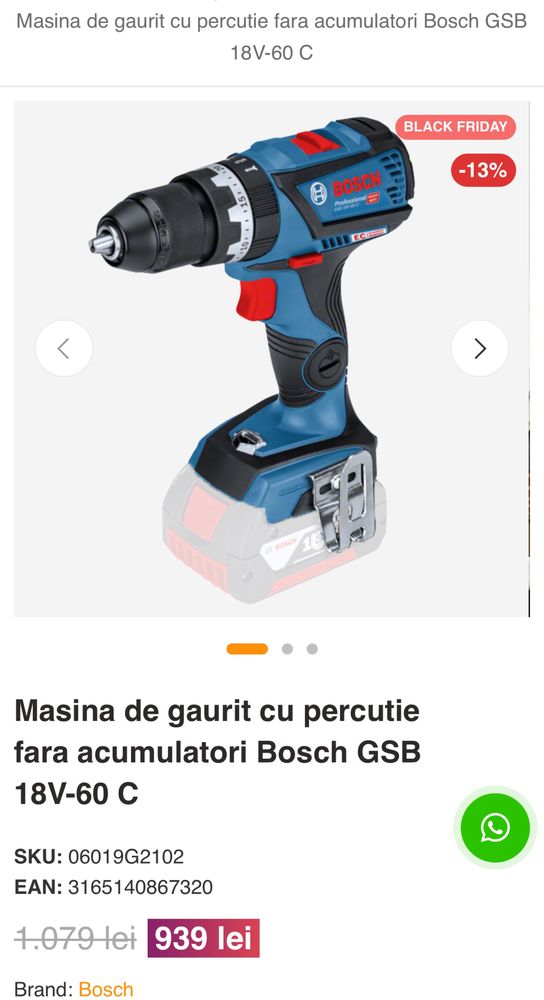 Masina de gaurit cu percutie Bosch Professional GSB 18V-60 C Noua