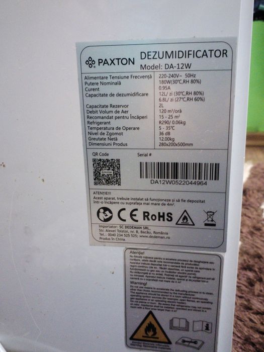 Vând dezumidificator Paxton