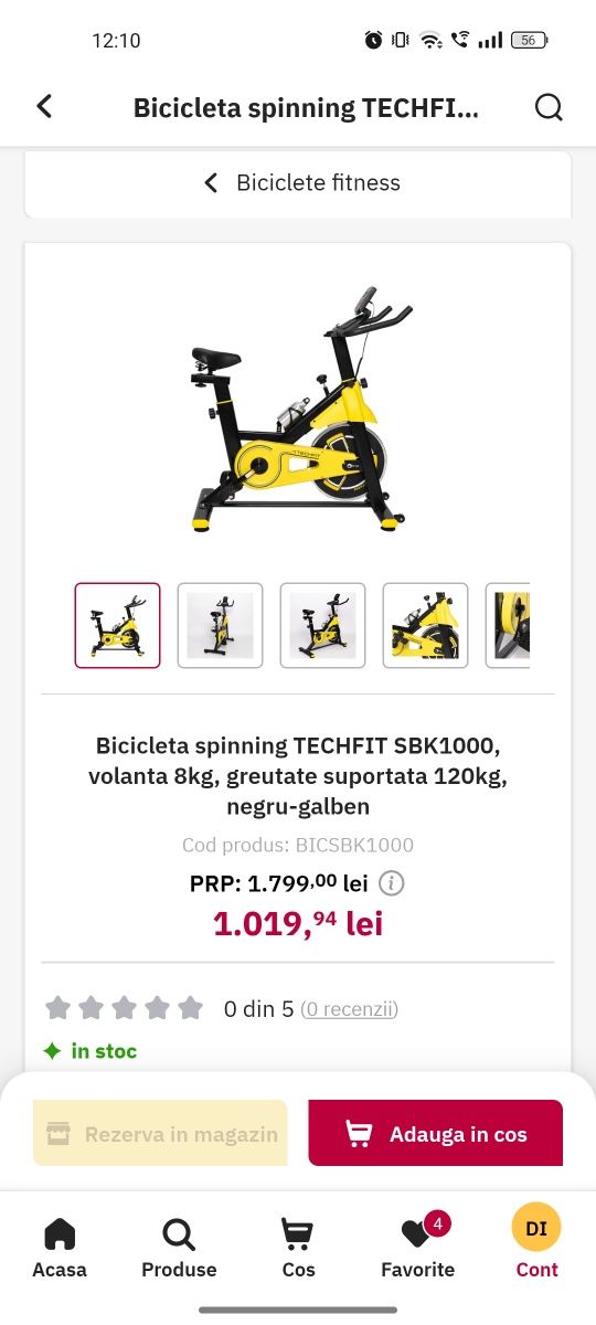 Bicicleta spinning TECHFIT SBK1000, volanta 8kg,