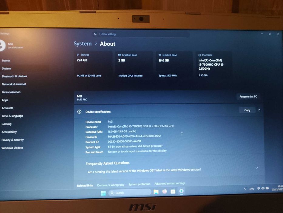Laptop MSI PL62 RC7 16GB DDR4 I5 7300HQ, MX150 2GB GDDR5 SSD 256GB
