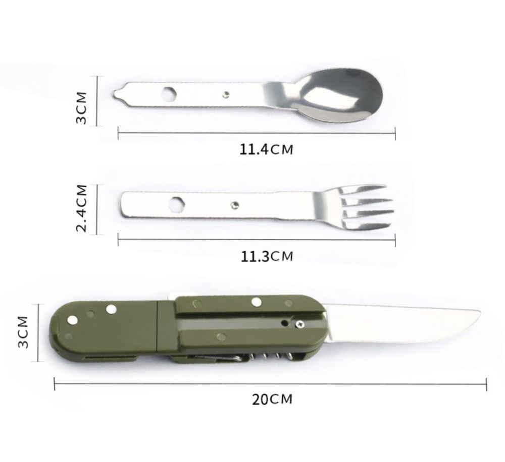 Джобен нож с прибори за хранене 7в1 преносим комплект калъф за колан