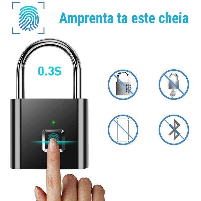 Lacat cu Senzor de Amprenta, Acumulator, MicroUSB, 10 Amprente