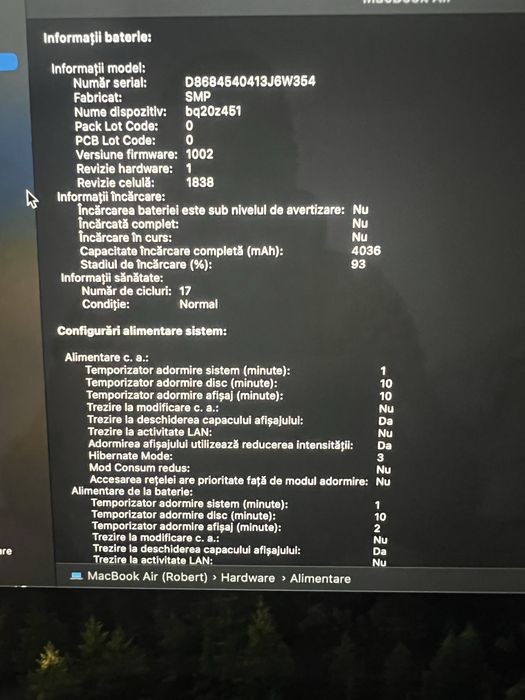 MacBook Air 13 an 2018 I5 128 gb 8 gb RAM  17 cicluri incarcare