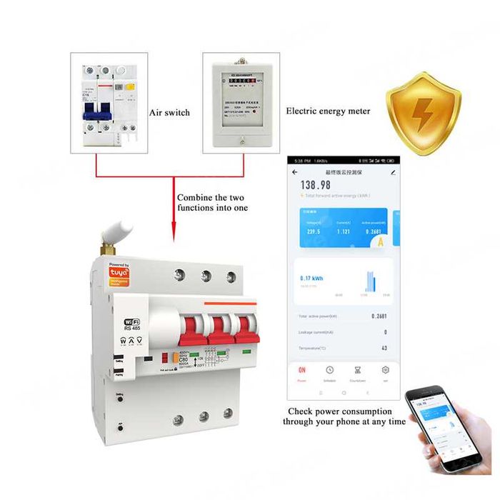 WiFi MCB Smart Breaker, Disjunctor inteligent energie, TUYA