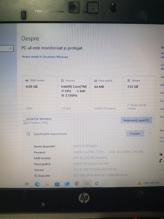 Leptop hp i7 2.13 ghrz 4g rami 250g hdd